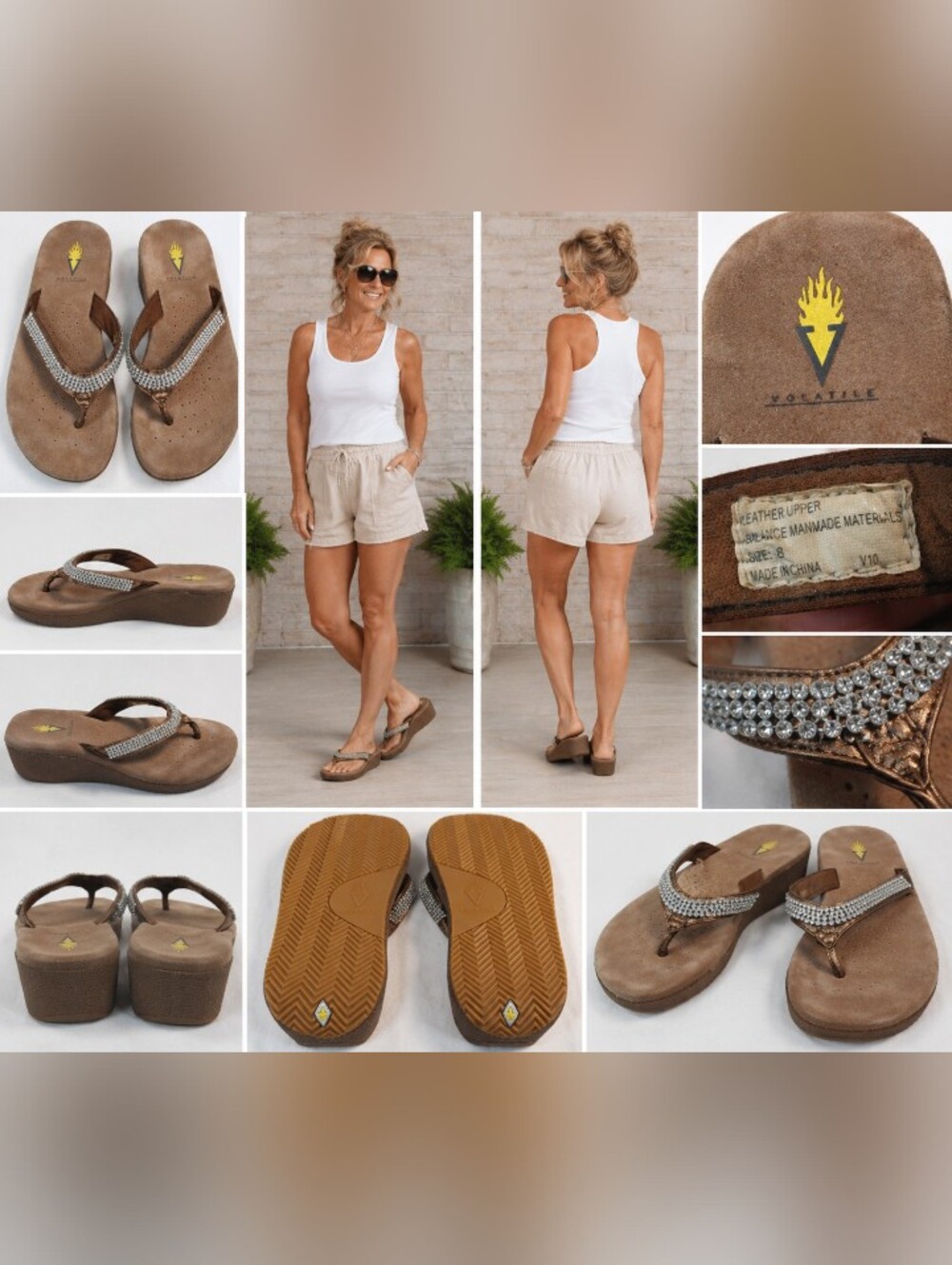 volatile rhinestone wedge flip flop sandals leather upper size 8